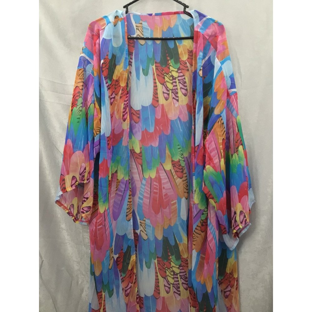 Women's Bikini Cover-up Long Cardigan Colorful Feathers OSFM New